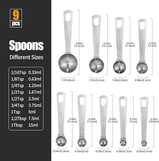 Doosu Measuring Spoons Set of 9-18/8 Stainless Steel Heavy Duty Teaspoons Tablespoons with Engraved Metric & US Measurements, Metal Measure Spoon for Dry and Liquid Ingredients, Dishwasher Safe