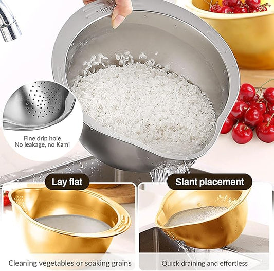 Stainless Steel Rice Strainer Bowl With Side Drainers,Rice Strainer Fine Mesh,Fine Strainers for Quinoa for Cleaning Fruits Vegetables Beans,Versatile Kitchen Tool,10.55" x 5.31" (Gold)