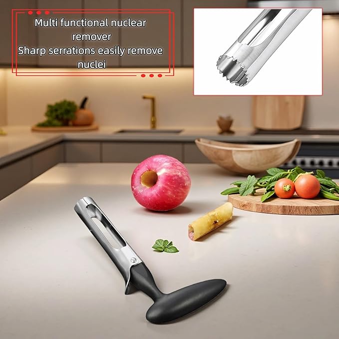 Premium Stainless Steel Apple Corer, Professional Fruit Core Remover Tool with Ergonomic Black Handle, Serrated Blades for Apples, Pears, Peaches, Plums, Easy Use & Clean (Black)
