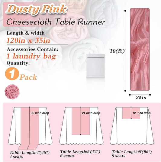 Dusty Pink Cheesecloth Table Runner 1 Pack 35" Boho Gauze Runner 120 inches Long Runner Rustic Sheer Fabric Bulk for Baby Shower Wedding Bridal Birthday Party Table Decorations