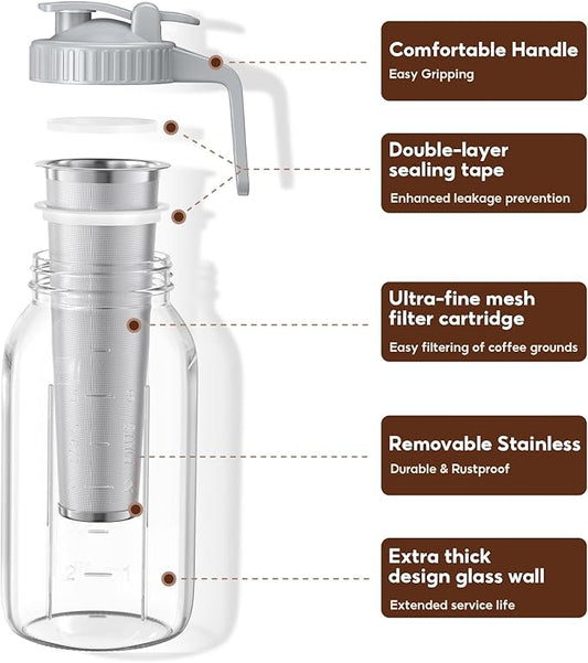 AHOMSEL Cold Brew Coffee Maker Jar - 2 Pack 64 oz/32 oz Glass Cold Brew Maker with Handle, Stainless Steel Filter & Leak-Proof Lid, Heavy Duty Cold Brew Pitcher for Iced Coffee, Sun Tea, and Milk