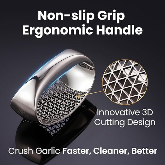Garlic Press Rocker Stainless Steel with Eject Base + Scraper Spoon, Innovative 3D Cutting, Easy Crush & Clean Garlic Mincer, Premium Garlic Peeler Tool with Non-Slip Ergonomic Grip, 5 Year Warranty