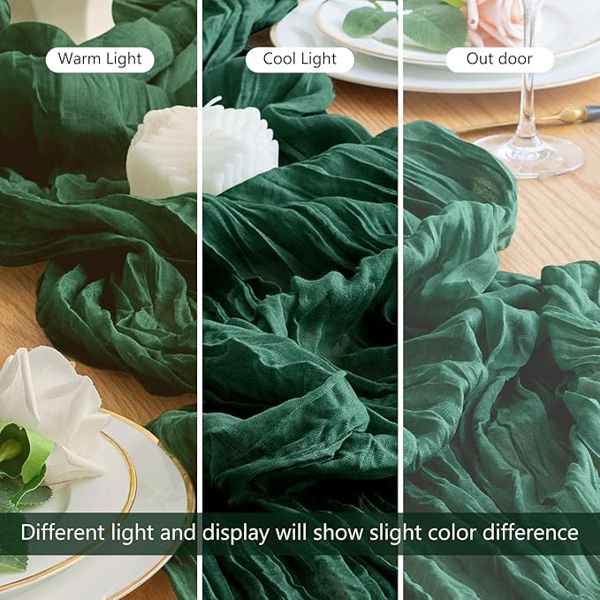 Wokceer Cheesecloth Table Runner Emerald Green 10FT Boho Gauze Christmas Cheese Cloth Table Runner for Party Long Rustic Sheer Table Runners for Baby Bridal Shower Wedding Easter Table Decor
