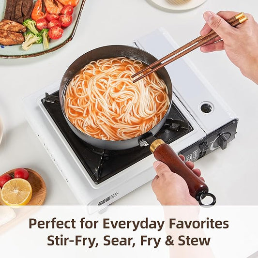 VIVIDCOOKWARE 7.8 Inch Small Wok, Cold-Forged Iron Pot with Wooden Lid & Handle, 1.6 QT Sauce Pan for 1-2 Servings, Multipurpose Flat Bottom Wok for Stir-Fry, Pasta & Soup, Induction Compatible