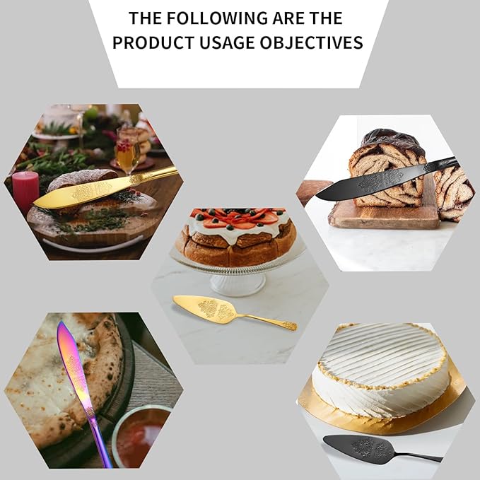tiokin Cake Cutting Set for Wedding, Elegant Cake Knife and Server Set with Thickened Stainless Steel Rounded Edges, Cake Cutter Pie Spatula for Birthday Anniversary Christmas 2 Pcs Gold