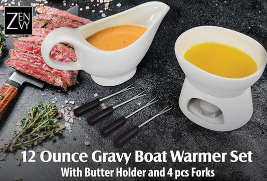 Zenvy Gravy Boat Set | 12 Ounce Ceramic White Gravy Dish Set With Candle Warmer Stand, Butter/Dip Dish, And Appertizer Forks