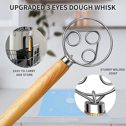 TEEVEA Danish Dough Whisk for Bread Sourdough, Wooden Handle & Stainless Steel Hook