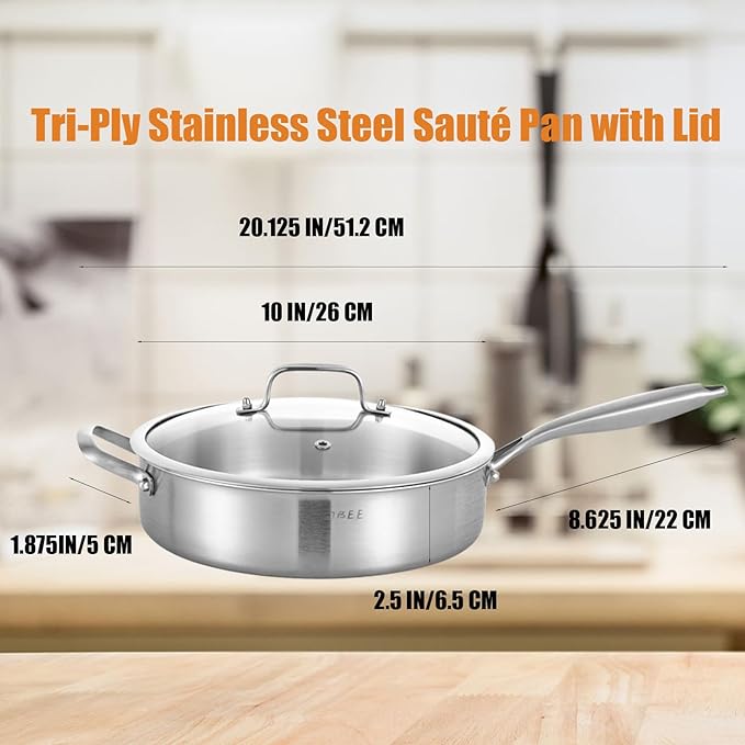 Inqibee 3 Quarts Tri-Ply Stainless Steel Sauté Pan with Lid,10 inch Induction Deep Frying Pan,Large Skillet,Jumbo Cooker,Dishwasher and Oven Safe,Detachable Handle.