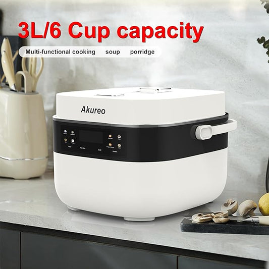 Akureo 3L Smart Rice Cooker, 6-Cup Uncooked, Fuzzy Logic, Stainless steel spherical inner pot with non-stick ceramic glaze coating, Keep Warm, Cream White