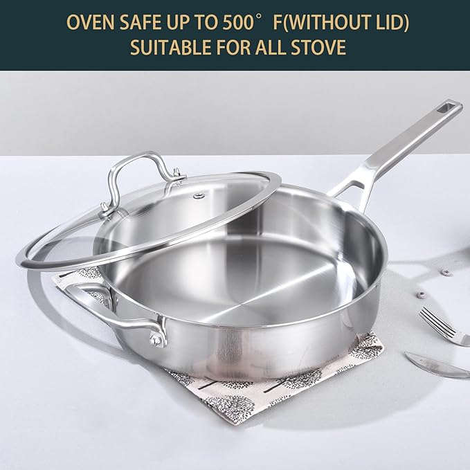 Yeksum Tri-Ply Stainless Steel Saute Pan 6QT, 12 Inch Deep Frying Pan with Lids, 3-layer Saute Pan with Lid Large Skillet with Stay Cool Handle, Induction Pan, Dishwasher and Oven-Safe
