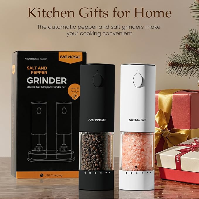 Electric Salt and Pepper Grinder Set, Adjustable Coarseness & LED Light, Rechargeable Large Capacity Stainless Steel Mill, Valentines Day Cooking Gifts for Him Men- Black/White