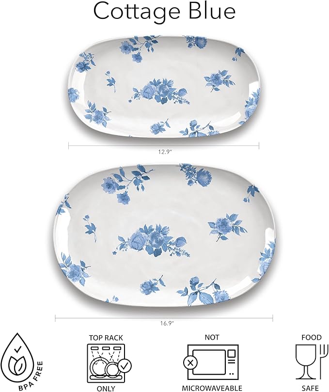 Cottage Blue Floral Oval Small Platter, 12.9 x 6.9-Inch, Pure Melamine, Indoor/Outdoor