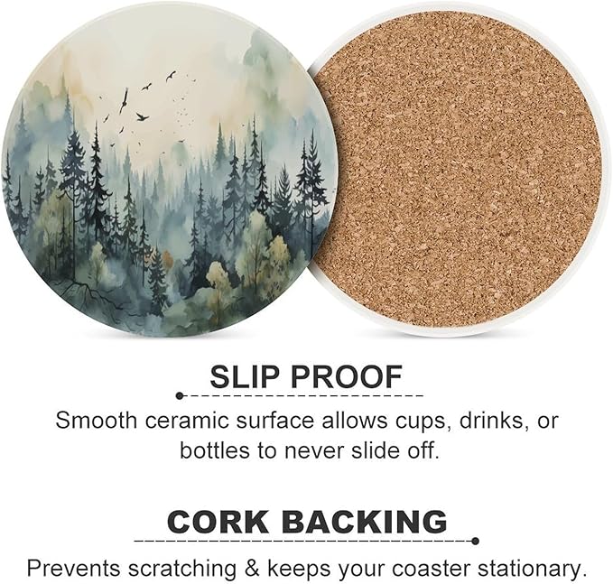 Forest Drink Coasters, Round Ceramic Drink Coaster Round-6PCS, Watercolor Style Nature Mountain Woodland Green Forest Flying Birds Decor Absorbent Ceramic Coasters for Beverage Cup, Bar, Coffee Table