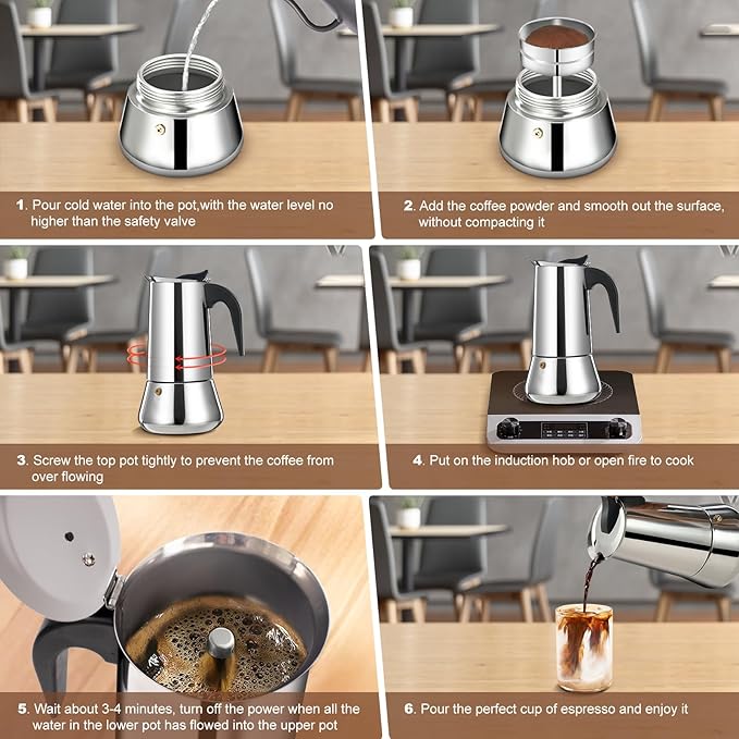 DITOSH 4 Cup Stovetop Espresso Maker Stainless Steel Moka Pot Stove Top Percolator Italian Coffee Makers Capable Mocha Greca Machine Cafe Classic Induction Cookers for Home and Camping 200ml 6.6oz
