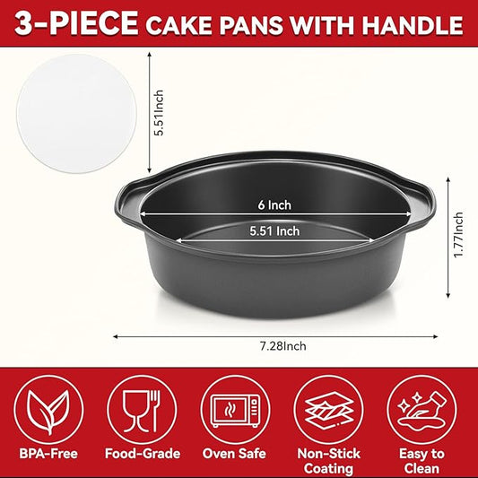 Funnydin 6 Inch Cake Pans - 3PCS Carbon Steel Cake Pan with 200 Parchment Papers, Round Cake Pans with Handle, Nonstick & Non-Toxic, Easy Demolding & Dishwasher Safe