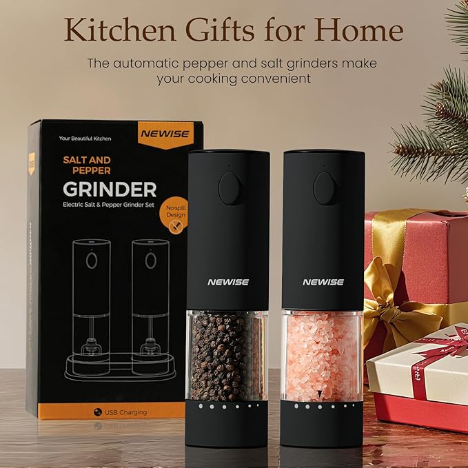 Electric Salt & Pepper Grinder Set, Rechargeable with LED Light & External Coarseness Adjustment, One-Hand Operation, Valentines Day Kitchen Gifts for Him Home Cooks & Families - Black