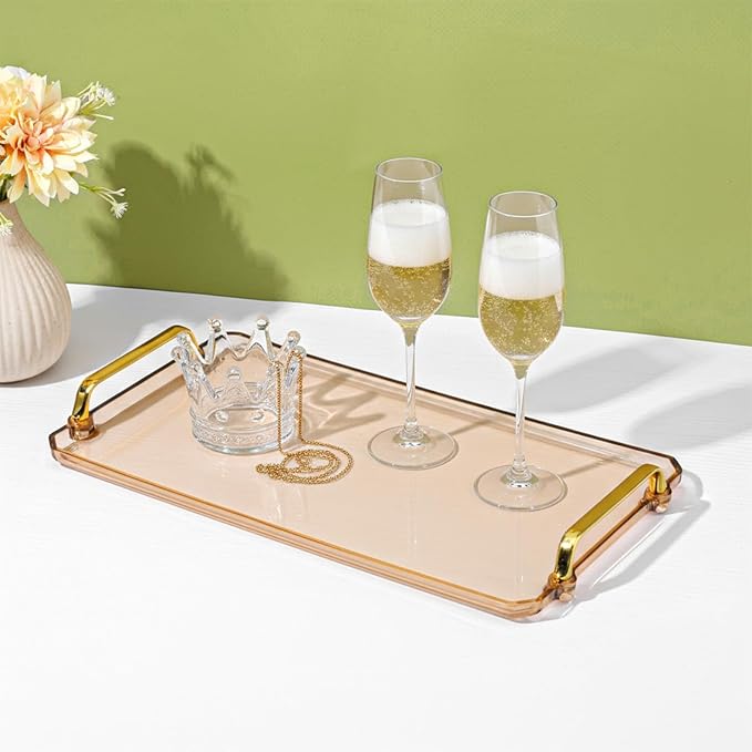 2PCS Serving Tray with Golden Handles, Reusable Plastic Decorative Trays for Party Kitchen Bathroom Dessert Table Cupcake Display, Modern Style Amber Drink Coffee Tea Tray for Countertop