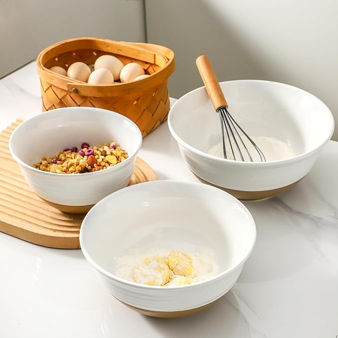 Tikooere Ceramic Mixing Bowls,Large Serving Bowls 2.1/1.5/1.0 Qt,Salad Bowls Set of 3 for Kitchen Space Saving Storage,Nesting Bowls for Cooking,Popcorn,Soup,Fruit, Microwave & Dishwasher Safe,White