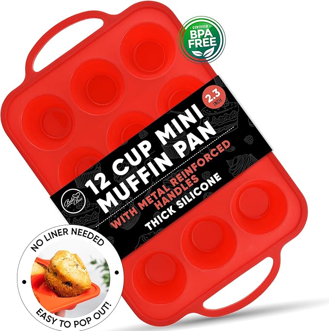BAKE BOSS 12-Cup Silicone Mini Muffin Pans for Baking with Metal Handles – Nonstick Silicone Cupcake Molds For Baking, Eggs & Cupcakes – BPA-Free, Dishwasher Safe, Red