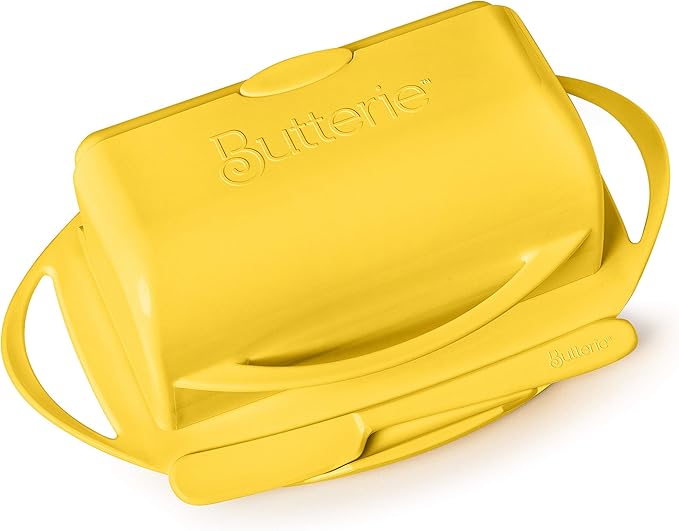 Butterie Flip-Top Butter Dish with Lid & Matching Knife, Holds 2 Sticks/European Butter, No-Mess Butter Holder, Shatterproof, Dishwasher Safe, Yellow