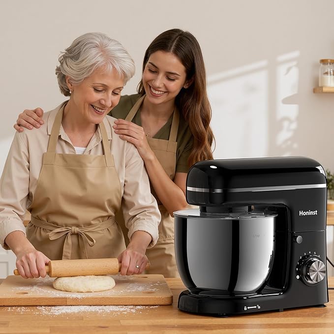 Honinst Stand Mixer, 3-In-1 8-Speed 660W 6.5QT Tilt-Head Food Electric Mixers with Bowl, Dough Hook, Whisk and Beater, Kitchen Mixer for Baking, Cake and Most Home Cooks, Black