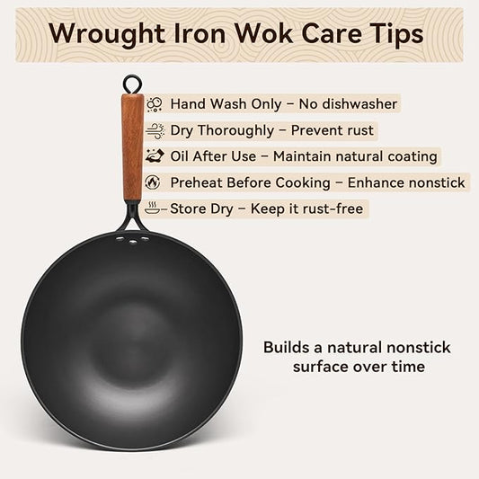 VIVIDCOOKWARE 12.6" Carbon Steel Wok, Spun Iron Stir Fry Wok with Wooden Handle, Flat Bottom Wok Pan with Reinforced Rim, Lightweight Woks & Stir-Fry Pans for Everyday Cooking