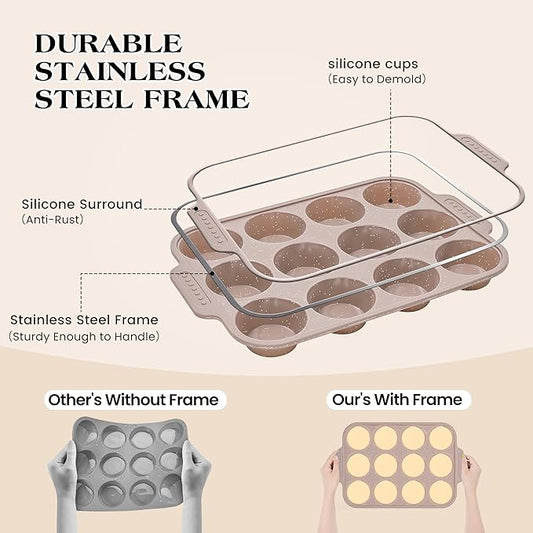 AOTASO 2 Pcs Silicone Muffin Pans for Baking with Metal Reinforced Frame, Nonstick Cupcake Tray for Oven, 12 Cups Regular and 24 Cups Mini Size Silicone Molds for Egg Bites (Brown, Cream)