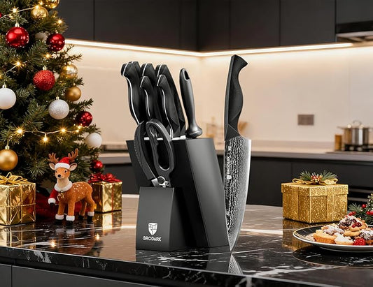 BRODARK Knife Set, Damascus Kitchen Knife Set with Block, 9 Pieces Sharp Professional Japanese Chef Knives with Ergonomic Full-Tang ABS Handle for Home, Restaurant -Christmas Gift, Dark Horse Series