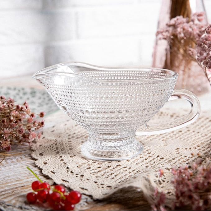 ZOOFOX 2 Pack 12 oz Glass Gravy Boat, Crystal Gravy Bowl with Easy-Pour Spout and Handle, Vintage Embossed Serving Dish for Sauces, Dressings, Creamer, Thanksgiving, Christmas or Holiday Dinner