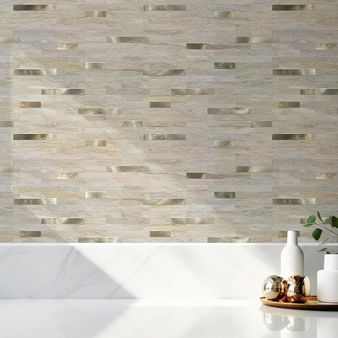 2 Sheets Kitchen Peel and Stick Backsplash Tiles, Beige with Metal Gold Look Stick on Backsplash for Kitchen, RV, Fireplace