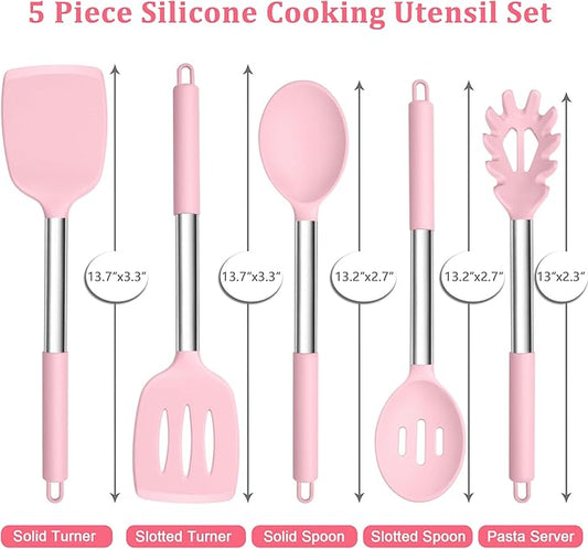 TeamFar Cooking Utensils Set, 5 PCS Silicone Kitchen Utensils with Stainless Steel Handle for Nonstick Cookware Turning Flipping Frying Draining, Heatproof & Healthy, Nonstick & Easy Clean, Pink