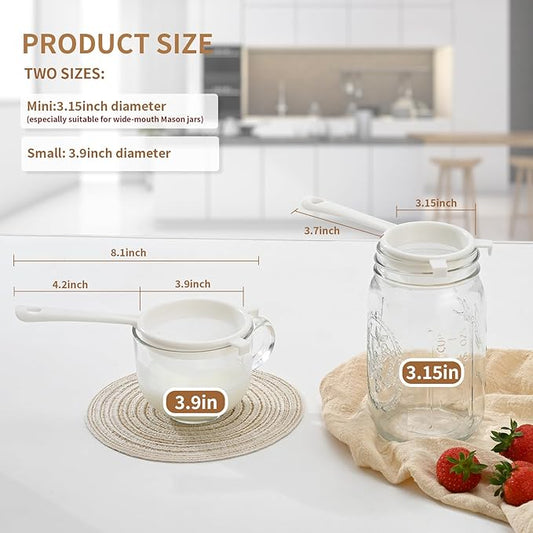 Kefir Strainer Set, Plastic Non-Metal Sieve with Fine Mesh, 3.15 and 3.94 Inch, for Mason Jars, Milk and Water Kefir, Kombucha