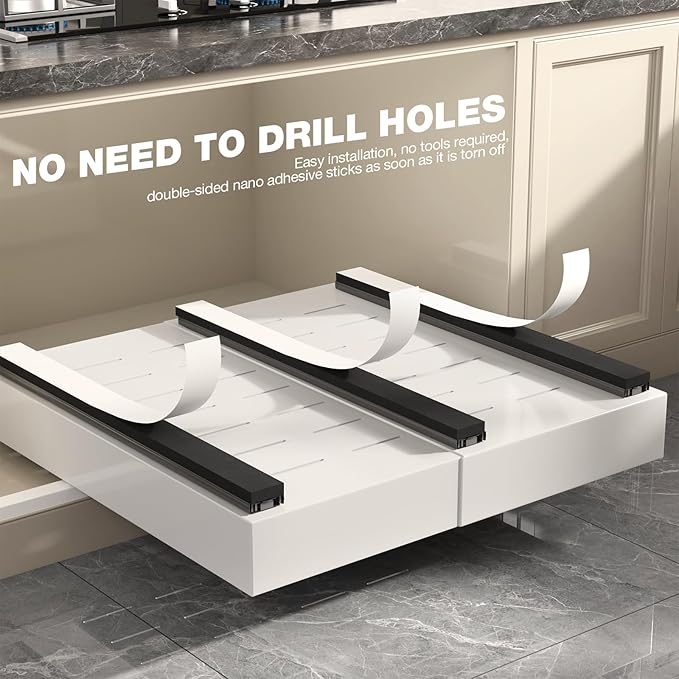 1 Pack Pull Out Cabinet Organizer 22" Deep,Full Extension 3 Slide Rails Slide Out Drawers With Raising Pad for Framed Cabinets,Expandable Width (12.3"-20.5"),No Drill Roll Out shelf,White
