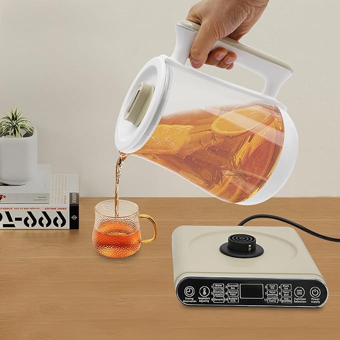 Bepritm 1.8L Multifunctional Electric Glass Kettle & Health Pot – 100-800W Hot Tea Maker, Auto Boiling Water Kettle with Filter, for Coffee, Herbal Decoction & Soup (110V) (White)