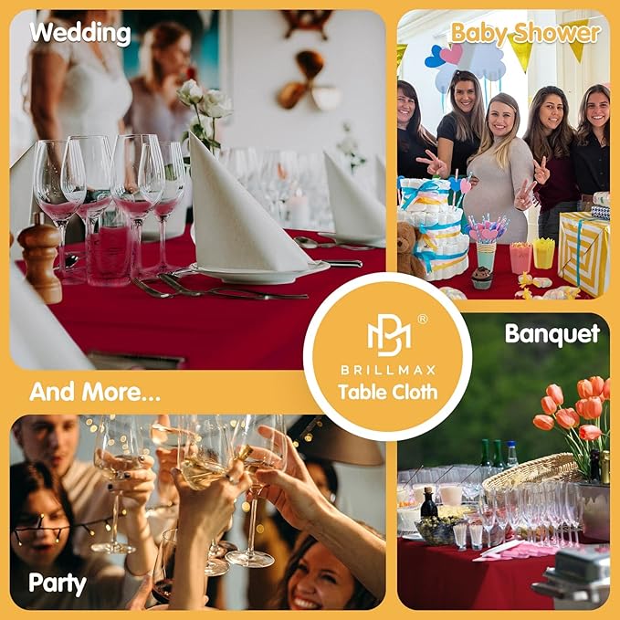 BRILLMAX 6 Pack Burgundy Tablecloths 60 x 102 Inch for 6ft Rectangle Tables - 150 GSM Polyester Fabric, 15" Standard Drop, Water, Stain & Wrinkle Resistant Cloth Cover for Wedding Dining Buffet