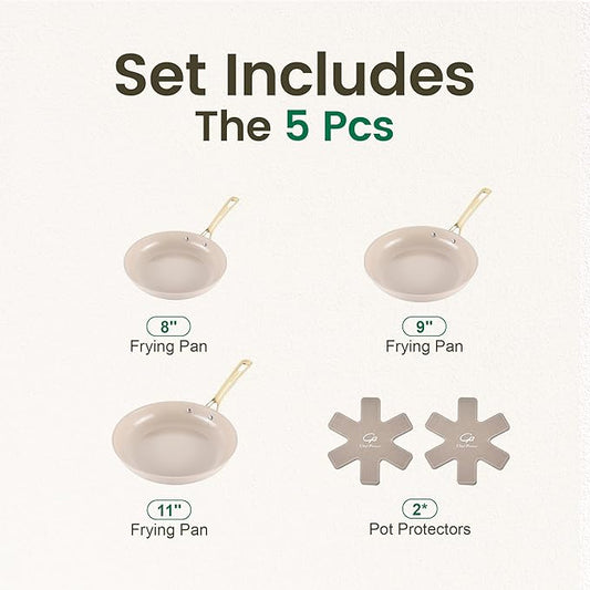 Chef Power Ceramic Frying Pan with Stainless Steel Handle 5Pcs Set, Non Stick Grill Pan Set, Dishwasher and Oven Safe, Taupe and Light Gold Handle