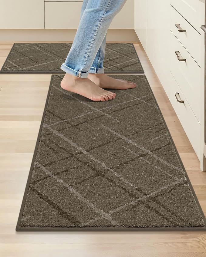 COSY HOMEER Kitchen Mats, 2 PCS Kitchen Rug Non Slip Washable, Absorbent Runner Rugs for Kitchen Floor, Polyester Kitchen Sink Rug 24"x36" + 24"x60"(Brown)