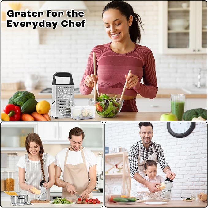 Professional Box Cheese Grater with Container & Handle – Durable Stainless Steel Cheese Shredder for Kitchen, Multi-Sided Food Chopper for Kitchen Use – Black