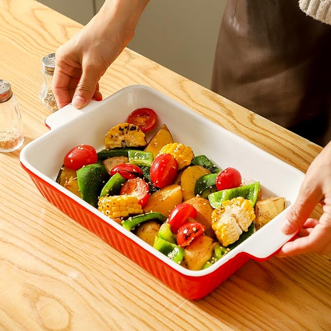 Hasense Ceramic Baking Dishes, Casserole Dishes for Oven, Rectangular Lasagna Pans Deep, 9 x 13 Inches Baking Pan with Handle, Easy to Clean, Mother's Day & Christmas Gift, Red