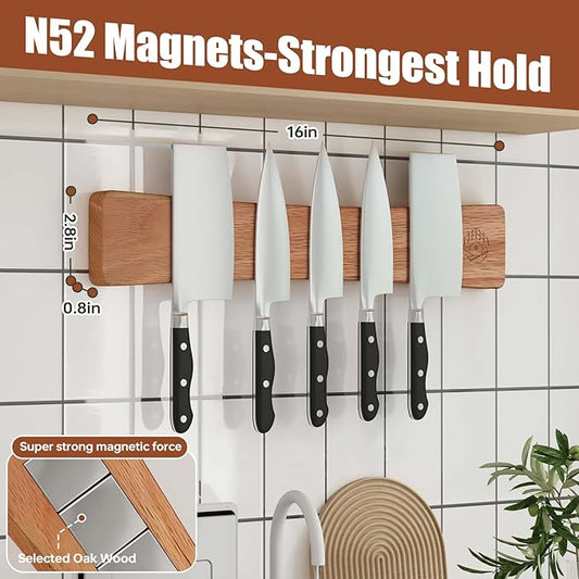 Magnetic Knife Strip, 16 Inch Oak Magnetic Knife Holder for Wall with N52 Strong Magnets, Premium Wooden Knife Magnetic Strip Organizer for Kitchen Knives, Tools,No Drilling