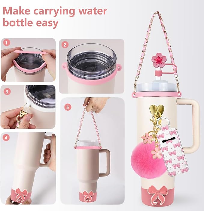 Accessories Set Including Water Bottle Handle Strap, Silicone Boot, Resin Butterfly Straw Cover, Straw Topper, Lip Balm Sleeve, Butterfly & Hairball Charms for Stanley Cup Tumbler