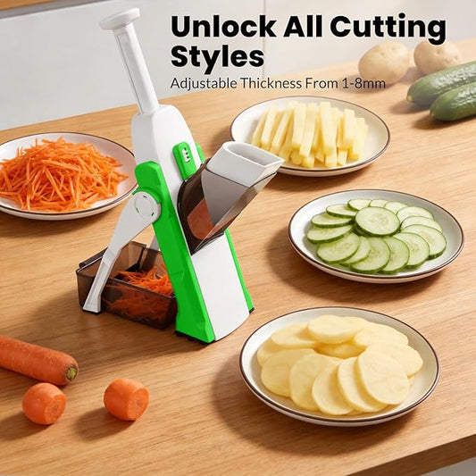 Safe Mandoline Slicer for Kitchen, Multi Vegetable Slicer & Chopper with 4 Modes & 8 Thickness Adjuster, Mandolin Slicer with Cleaning Brush for Potato, Onion (Forest Green)