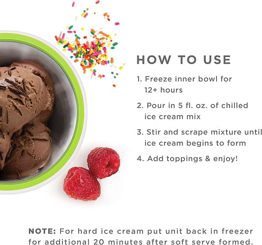 ZOKU Ice Cream Maker, Compact Make and Serve Bowl with Stainless Steel Freezer Core Creates Soft Serve, Frozen Yogurt, Ice Cream and More in Minutes, BPA-free, Green