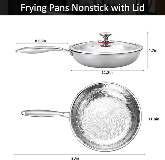 Lazycorner Hammered Non Stick Frying Pan with Lid - 12 Inch Stainless Steel Kitchen Cookware Pot Scratch-Resistant, Even Heating Cookware for All Stovetops (12in-With Lid)
