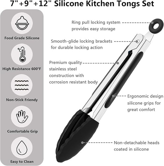 Kitchen Silicone Tongs for Cooking with Nonslip Silicone Tips, 600°F Heat Resistant Cooking Food Tong Set Heavy Duty Stainless Steel Handle for Baking Grilling Serving, 3 Pack (7" & 9" & 12")