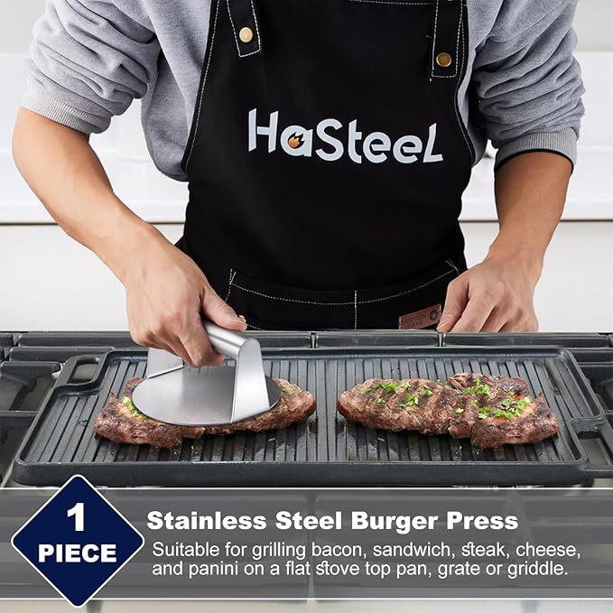 Smash Burger Press, HaSteeL 5.5-Inch Stainless Steel Burger Press, Non-Stick Grill Press for Flat Top Griddle Grill Cooking, Round Smasher Tool for Cooking Burgers, Bacon, Meats, Sausages