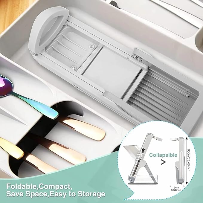 Safe Mandoline Slicer for Kitchen,Vegetable Chopper with Container and Lid,Adjustable Mandoline Slicer,4in1 Vegetable Chopper,Arrot 、Banana、Apple、Lemon、Fries slicer (Grey Blue)