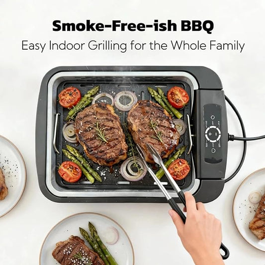 Indoor Smokeless Grill & Griddle, 1100W Electric Gill for BBQ, Smoke Extraction Device, 6-Speed Temperature Control, Non-Stick Grill Plate with Oil Drain Holes, Dishwasher Safe, 5-Serving