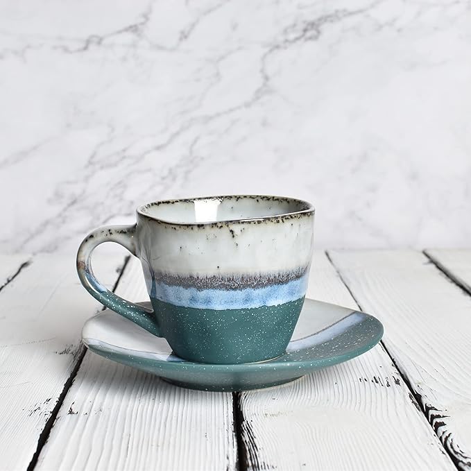 Bosmarlin Stoneware Coffee Cup Mug with Saucer Set of 2 for Latte, Cappuccino, Tea, Oz, Dishwasher and Microwave Safe (Green, 2)