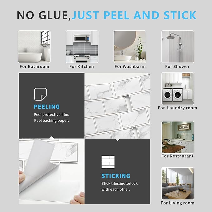 URCOLOR 10-Sheet Backsplash Tile for Kitchen Peel and Stick,12"x12" Self Adhesive Wall Tiles on Back Splashes for Bathroom White Marble Look